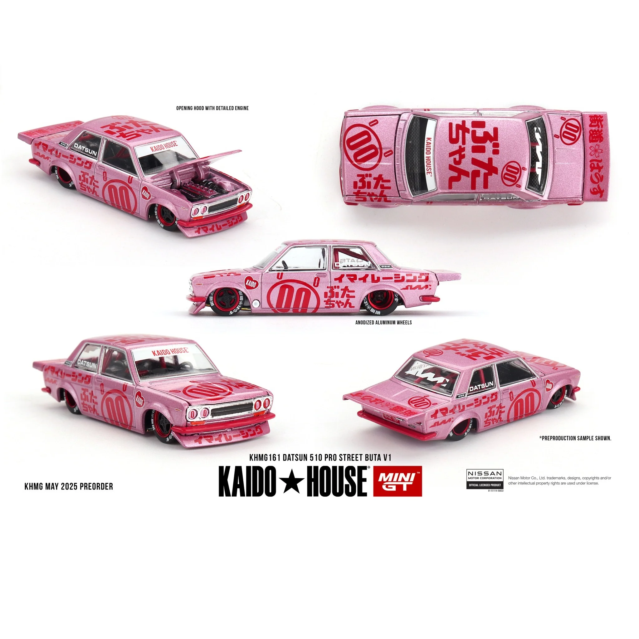 PREORDER MINI GT x Kaido House 1/64 Datsun 510 Pro Street Buta V1 – Pink KHMG161 (Approx. Release Date : Q4 2025 subject to manufacturer's final decision)