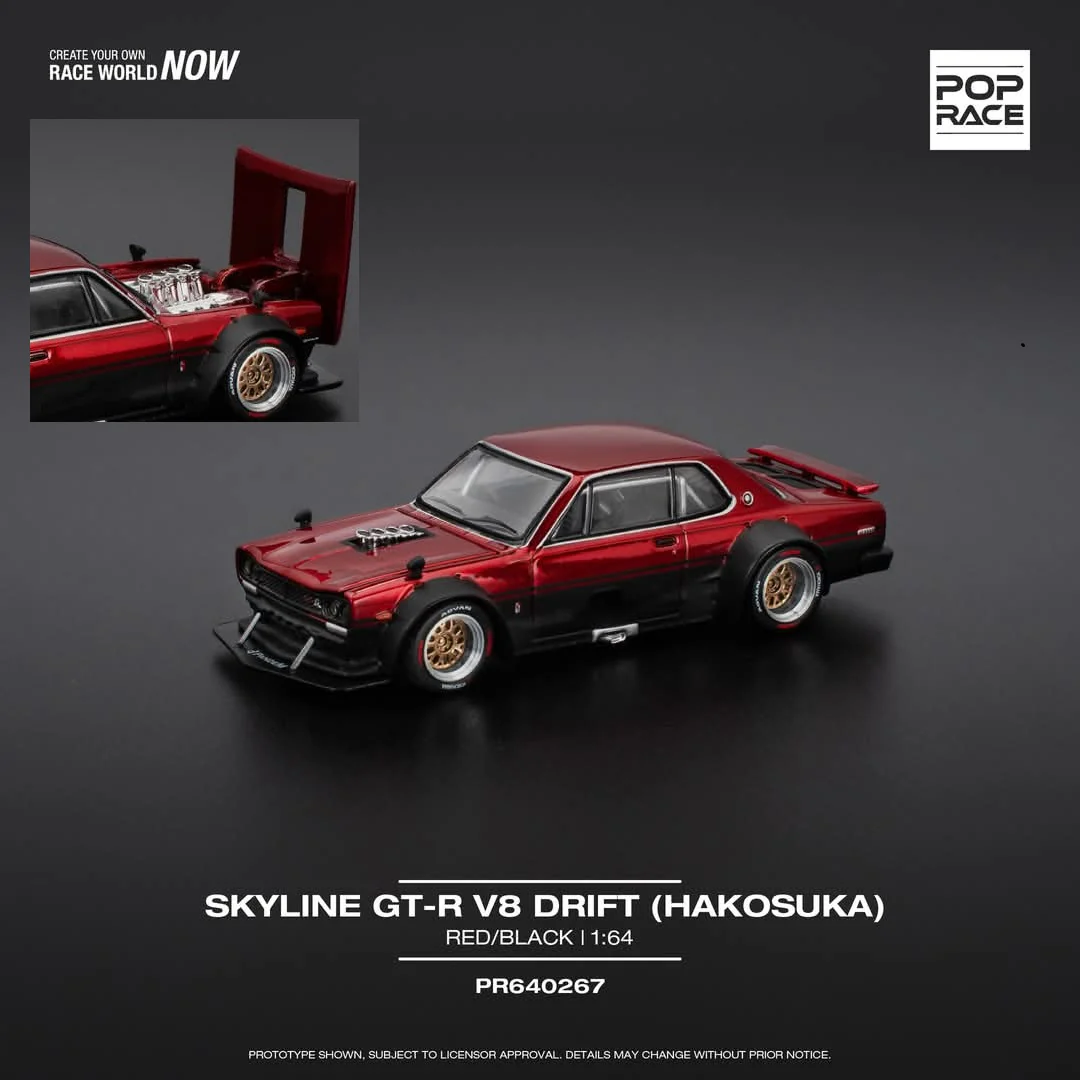 PREORDER POPRACE 1/64 SKYLINE GT-R V8 DRIFT (HAKOSUKA) - RED/BLACK PR640267 (Approx. Release Date: Q3 2025 and subject to the manufacturer's final decision)