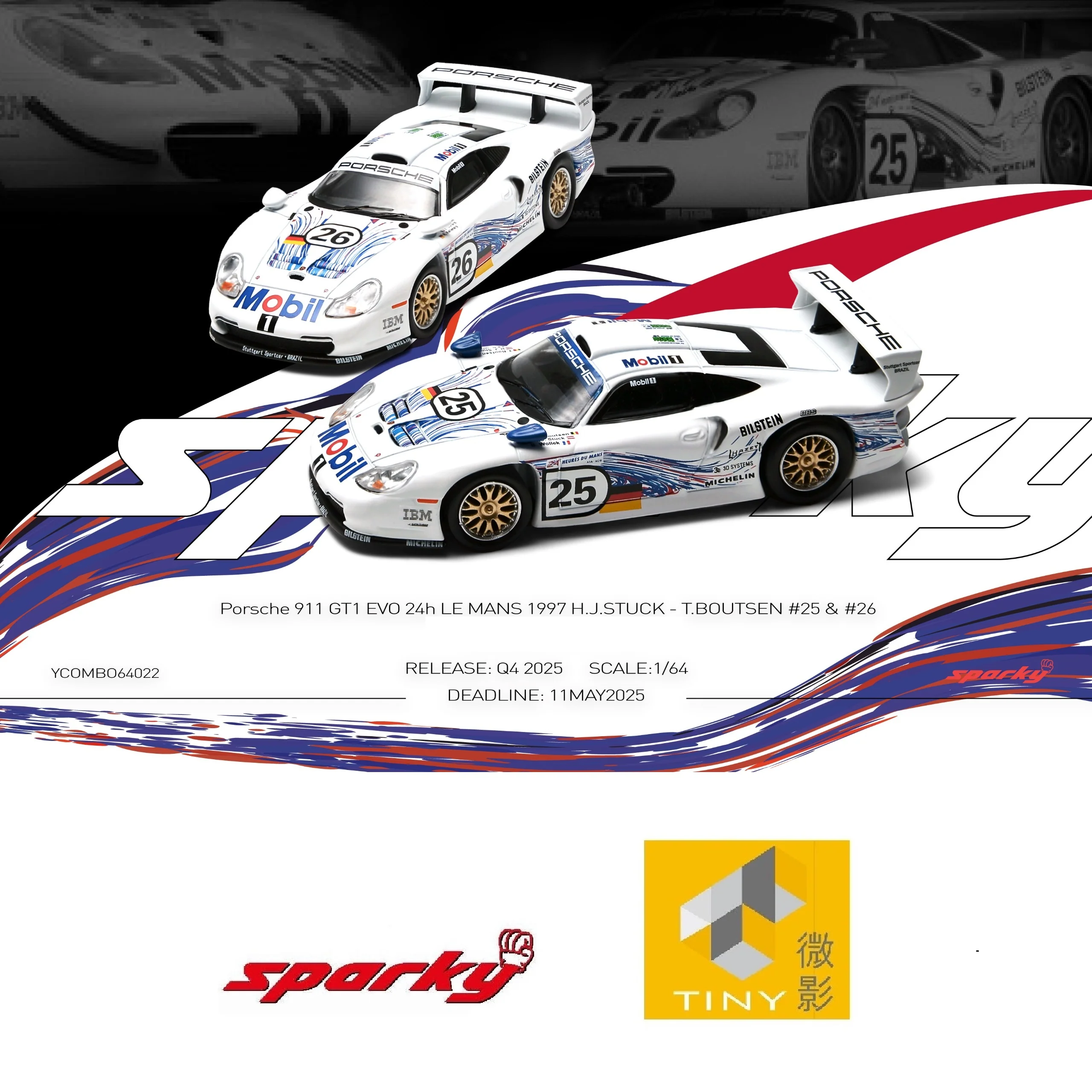 SPARKY x TINY 1/64 Porsche 911 GT1 EVO 24h LE MANS 1997 H.J.STUCK - T.BOUTSEN #25 & #26