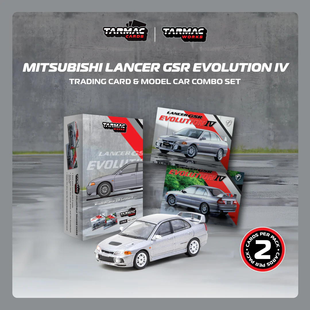 TARMAC WORKS GLOBAL64 1/64 Mitsubishi Lancer GSR Evolution IV Silver Model Car + Trading Cards Combo Set T64G-076-SL