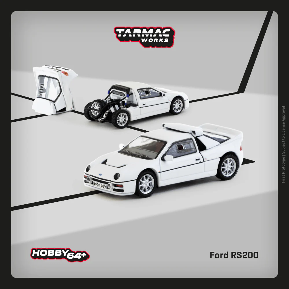 PREORDER TARMAC WORKS HOBBY64+ 1/64 Ford RS200 White T64P-001-WH (Approx. Release Date :  JULY 2025 subject to manufacturer's final decision)